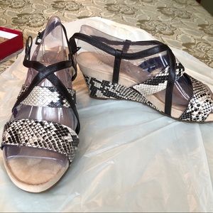 Black and snakeskin heel multi strap sandal